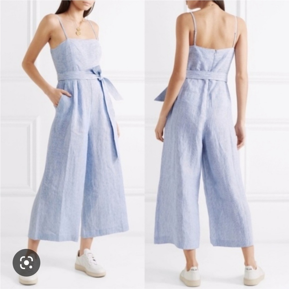 J. Crew blue stripe linen tie waist jumpsuit